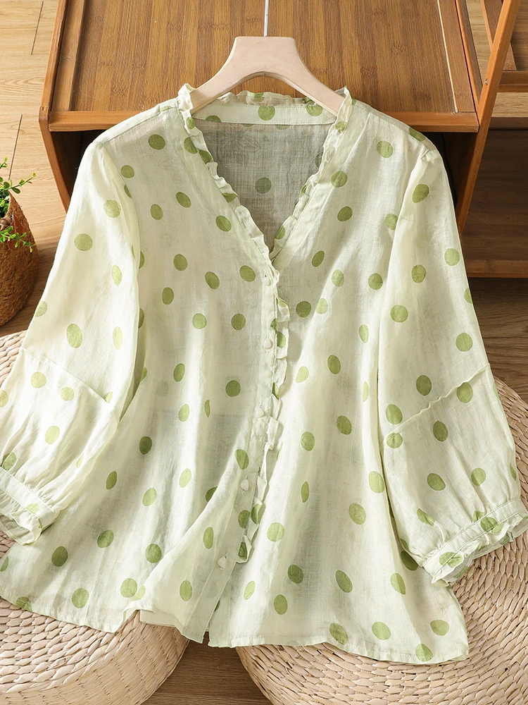 

High-End Women's plus Size Shirt V-Neck Polka Dot Pattern Seven Sleeve Open Cardigan Casual Loose Fit Summer Fashion