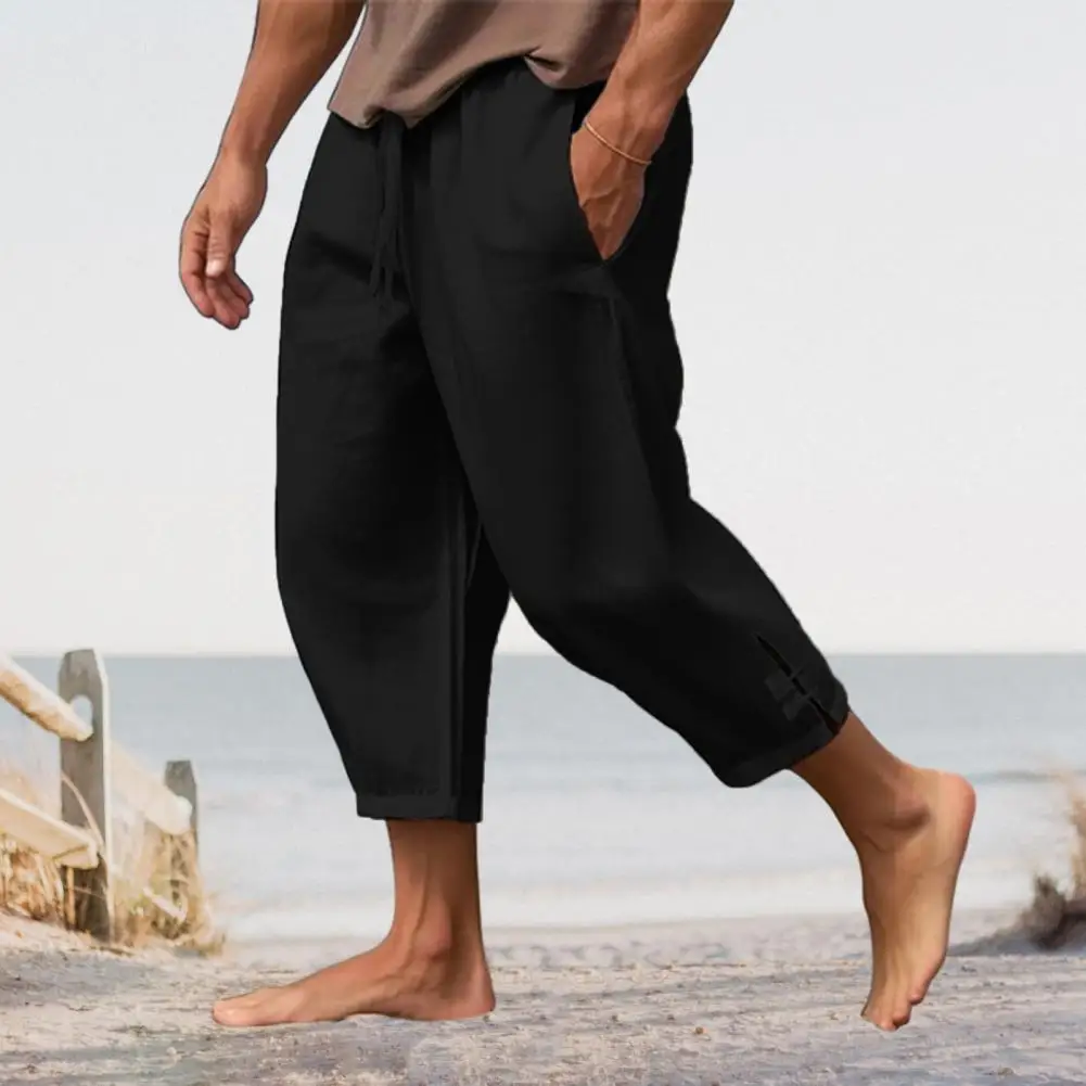 

Drawstring Linen Pants Men's Summer Vacation Beach Cropped Pants with Drawstring Elastic Waist Loose Pockets Split for Comfort