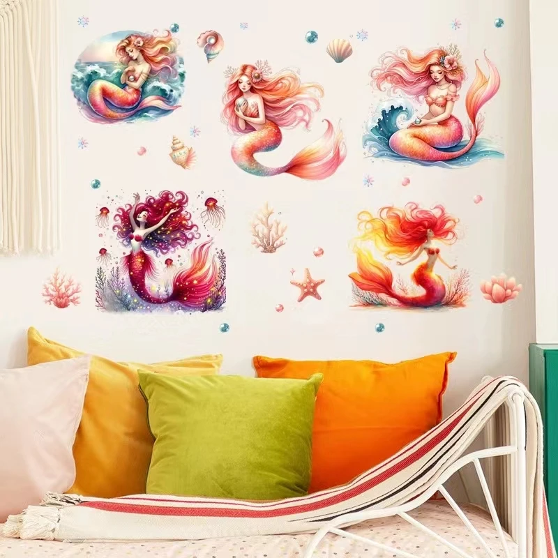 Smiling cartoon mermaid princess wall sticker, domineering ocean daughter sticker, girl's room home decoration mural