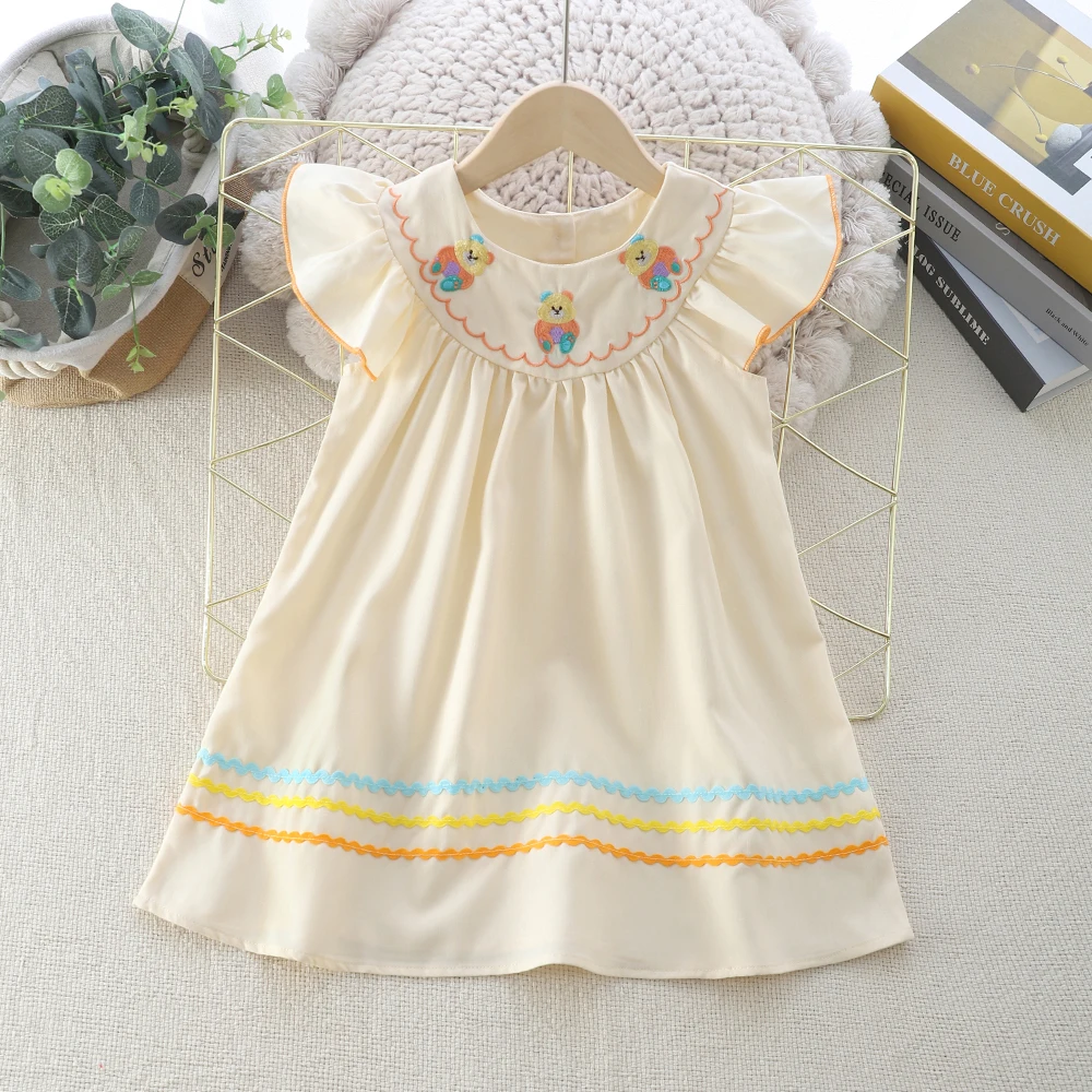 Summer Children Kids Clothing Bears Embroide Round CollarWavy lace Dress Casual Girls Lace Princess Dress Children Costume 2-6 Y