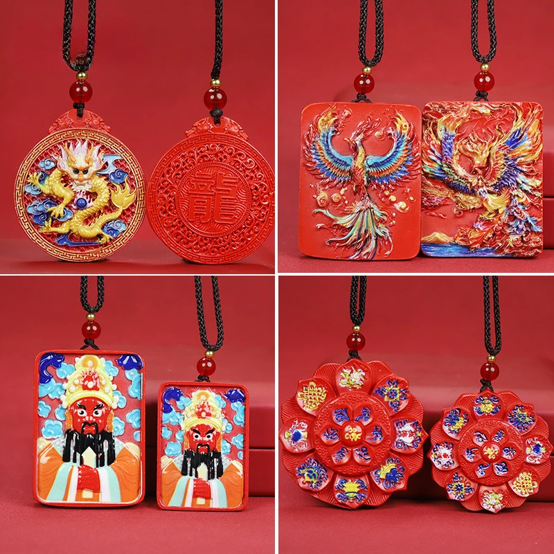 Painted cinnabar thangka pendant red sand zodiac dragon sign pendant safe sign no problem facial makeup phoenix buddha necklace