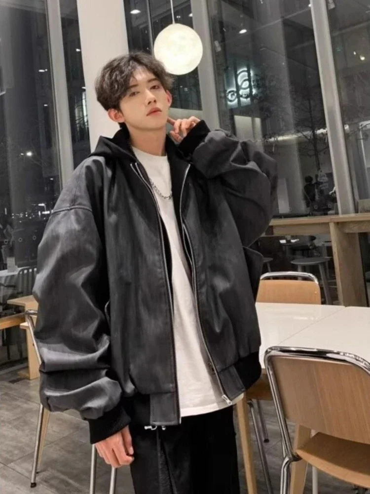 

Exclusive 2025 Men's PU Leather Hooded Jacket Oversized Badass Streetwear Autumn Casual Coat with Two Layer Design for Men