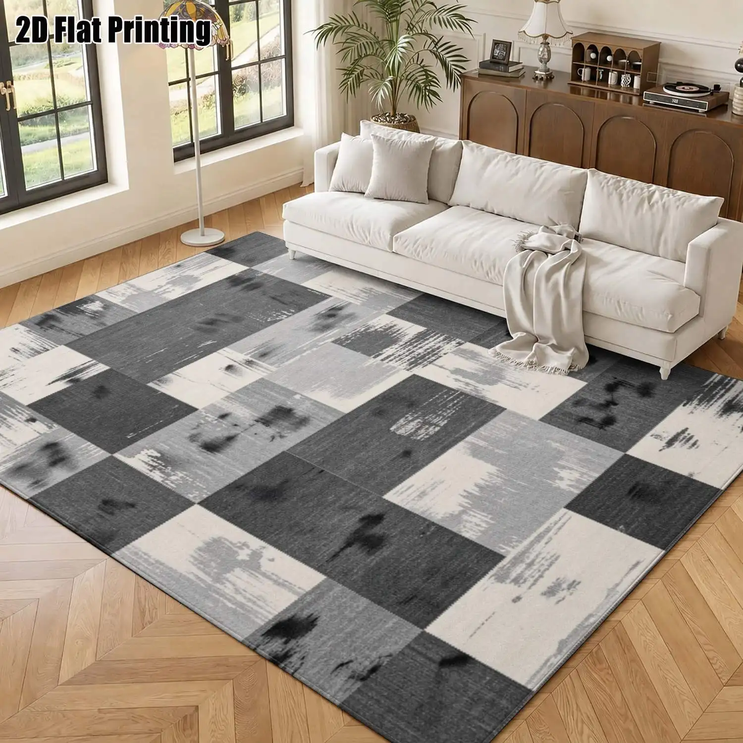 1Pc 2D Printed Abstract Patchwork Carpet, Black/Grey/White, Modern Minimalist, Instagram/Nordic Decor Style, Multiple Sizes, Machine Washable, for Entrance/Dining/Foyer/Study/Living/Bedroom