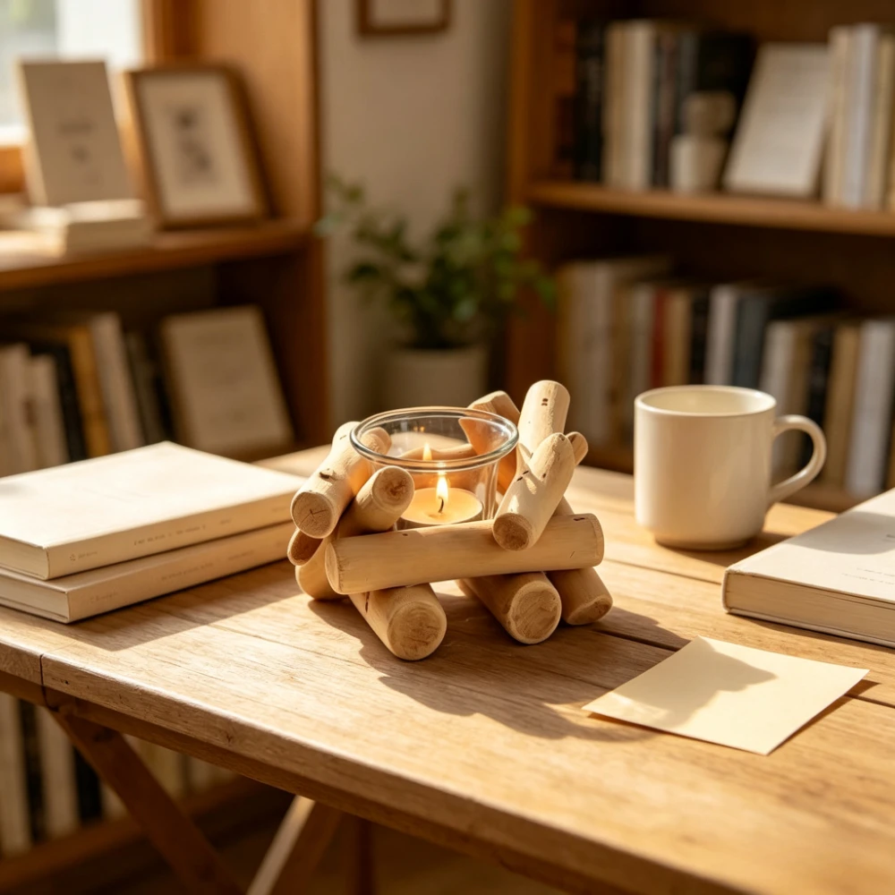 Nordic Style Irregularity Shape Wood Tealight Holder Tealight Candle Holder with Glass Votive Cup Home Bookstore Home Decoration