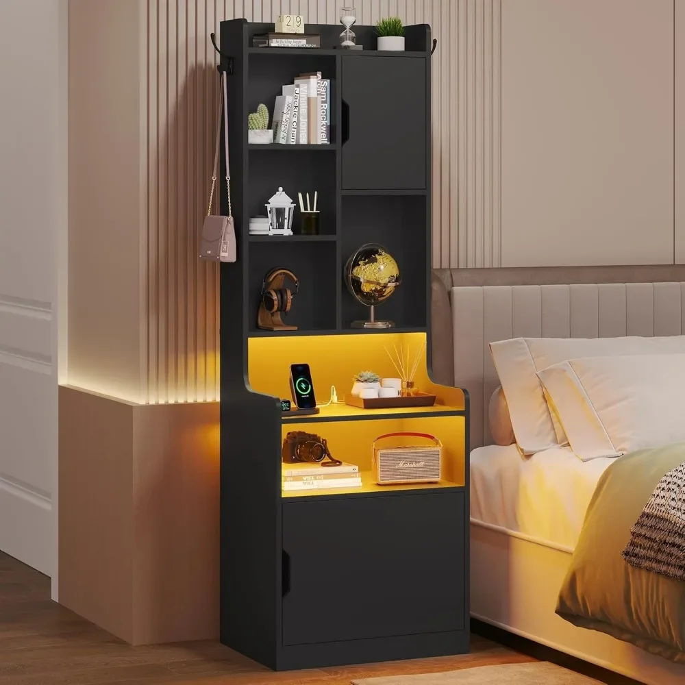 

67 Inch High with Charging Station Nightstands,LED Bedside Table with Shelves and Storage Cabinets, Bedroom Nightstands