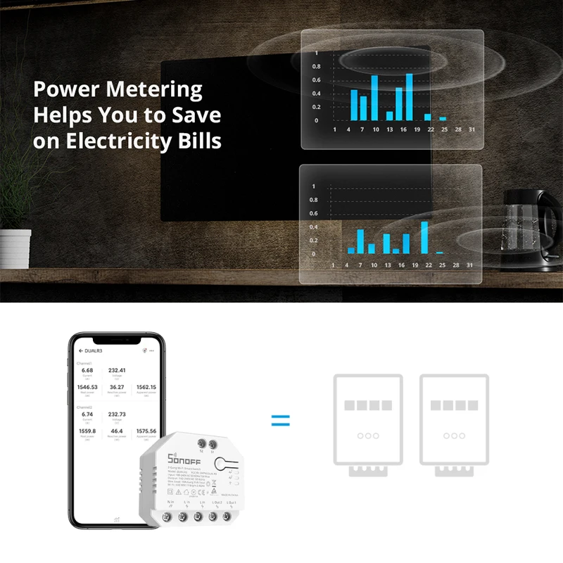 SONOFF-miniinterruptor inteligente DUAL R3, dispositivo con Wifi, temporizador y Monitor, Control EWeLink, hogar inteligente a través de Alexa y Google Home