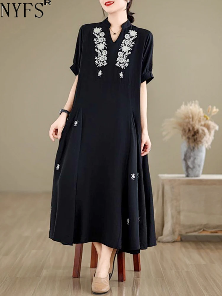 

NYFS 2024 Summer New Office Lady Dresses For Women Vestidos Robe Elbise Loose Plus Size Embroidery Short Sleeve Long Dress