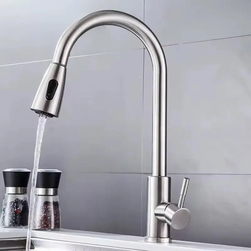 

Новый серебристо-черный выдвижной кухонный смеситель с двумя режимами струи и распылителем, из нержавеющей стали, для горячей и холодной воды, настольный