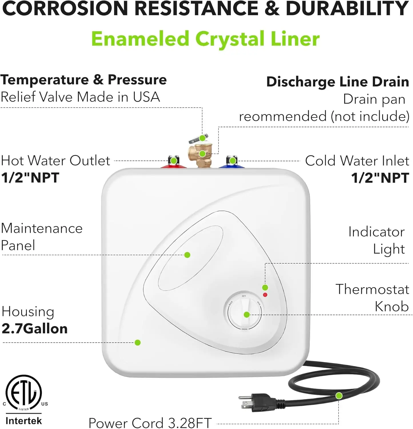 Water Heater 2.7 Gallon Under Sink Water Heater, 1440W Point of Use Demand for Instant Hot Water 120V, Compact Tank for Space Sa