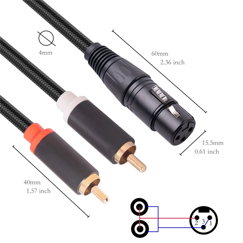 XLR fêmea para duplo RCA macho Y cabo divisor, 3 pinos, amplificador, cabo de áudio, estéreo, cabo de interconexão, 1 m