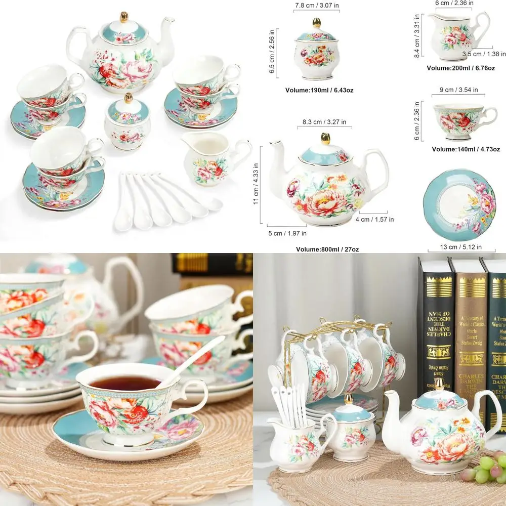 

Vintage 21-Piece Green Floral Porcelain Tea Set, Ceramic Tea Cup and Saucer Set for 6, Women's Party Tea Pot Set