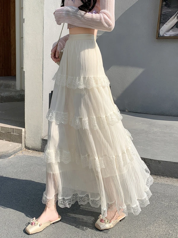 

Юбка-миди с высокой талией и кружевными вставками, женская, А-силуэт, свободного кроя, универсальная, стройнящая, для повседневной носки, из полиэфирного волокна