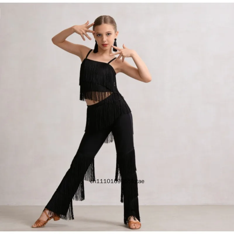 Girls Professional Latin Dance Pantsuit Fringe Tassel Ballroom Costumes Kids Salsa Samba Competition Stage Outfits Dance Wear