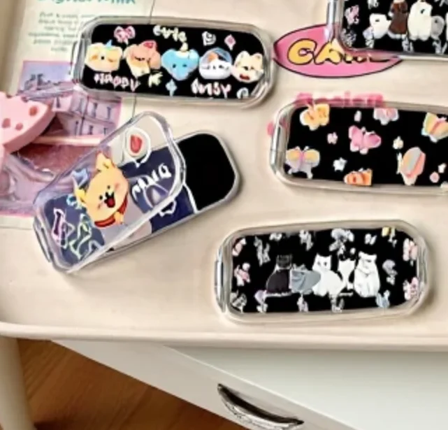 Cute Cartoon Cat & Dog Stick-On Makeup Mirror Phone Holder - Dual-Position Foldable Stand, Mobile Phone Accessories