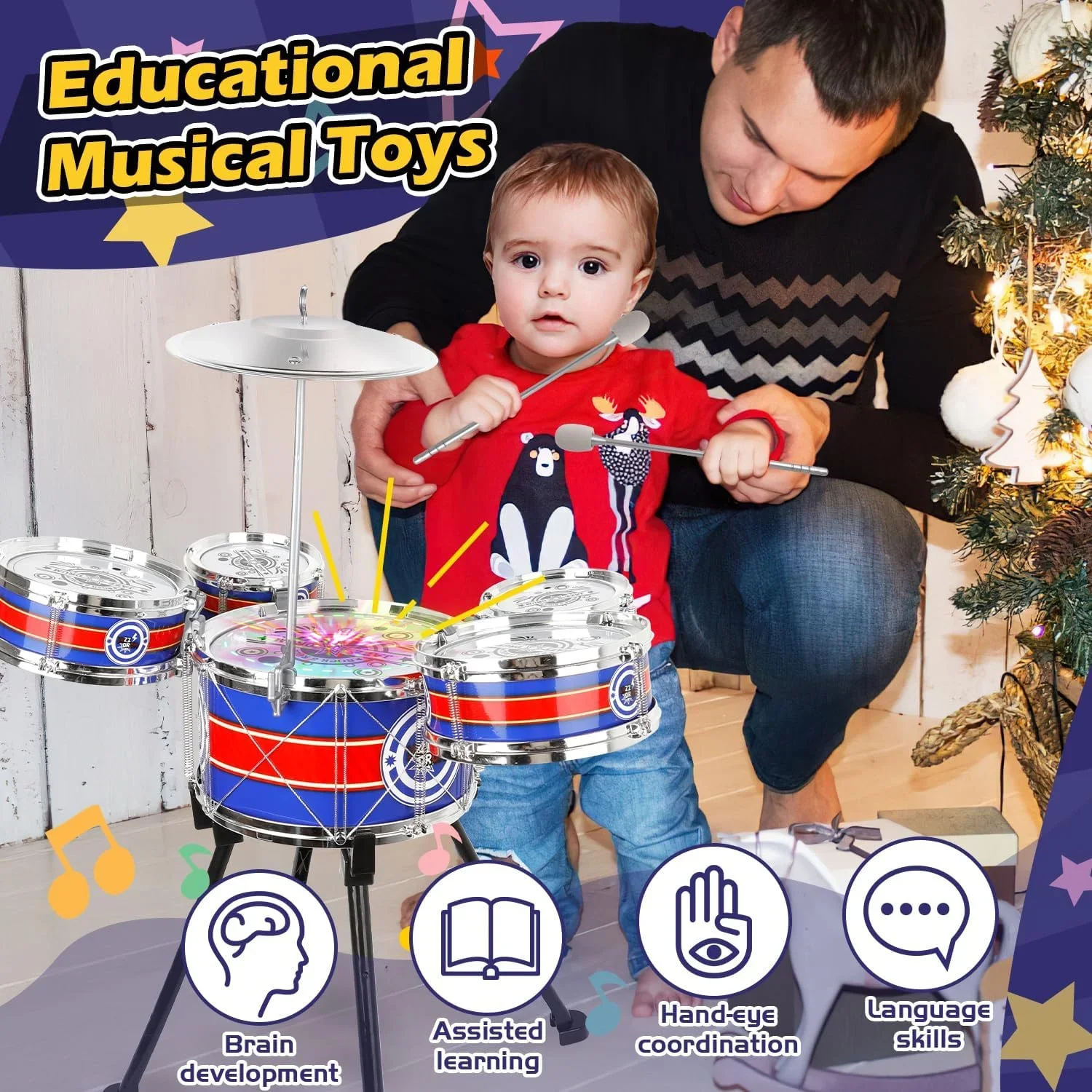 Unisex 3-5 Years Toy Musical Instruments with Stool Drum Sticks, Metal Plastic Blue