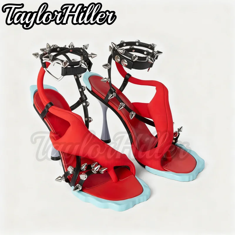 Punk Style Rivets Flower Heeled Sandals Open Toe Mixed Color High Heels Women Luxury Designer Summer Spike Heel Shoes Y2K Shoe