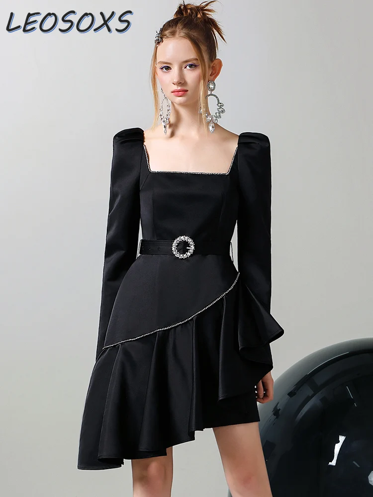 Designer Model French Style Square Collar Long Sleeve Ruffled Pleated Dress 2024 Spring New Retro Irregular Evening Dress Women