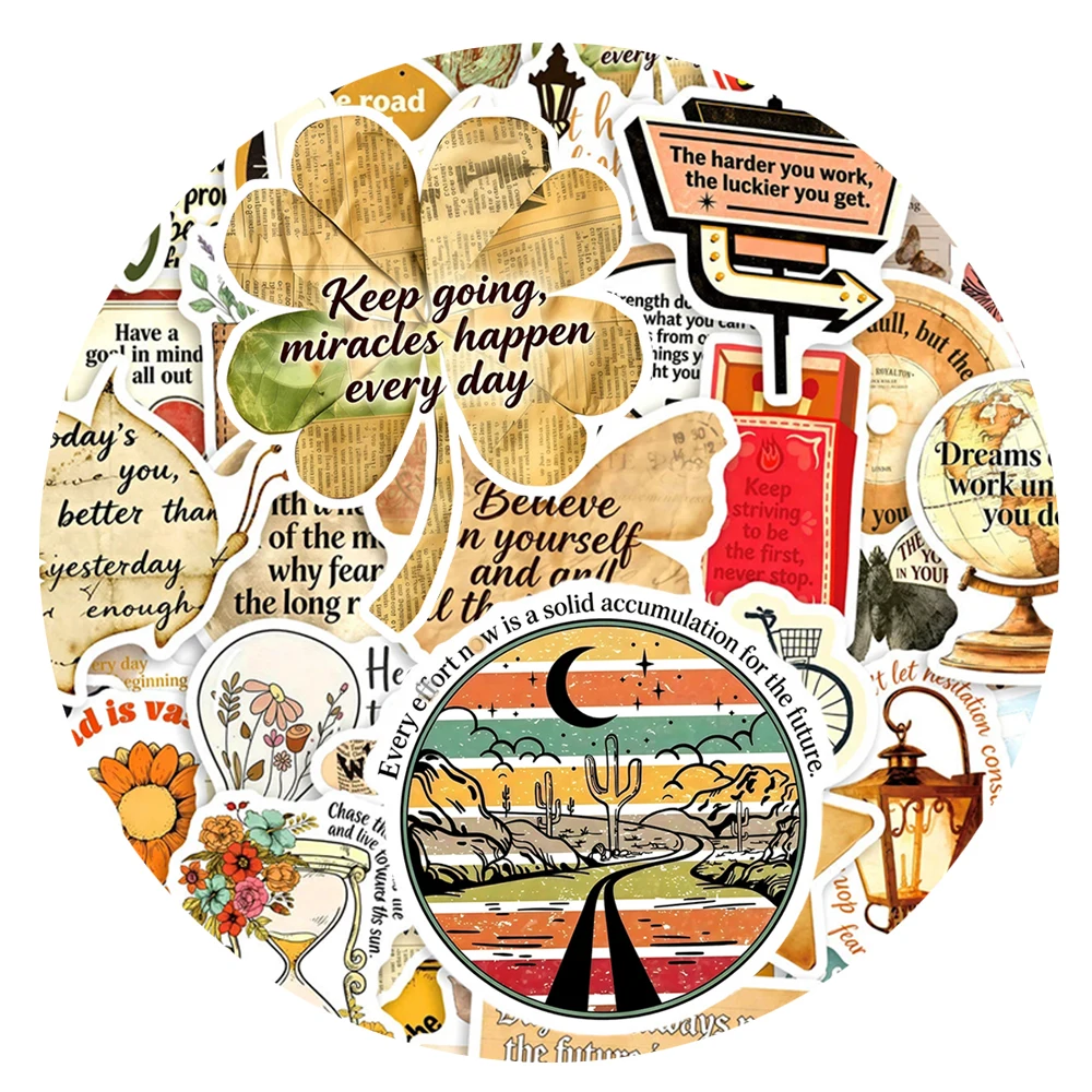 

10/30/50pcs Cartoon Vintage Motivational Phrases Stickers Retro Literary Inspirational Decals Luggage Laptop Phone Sticker Decor