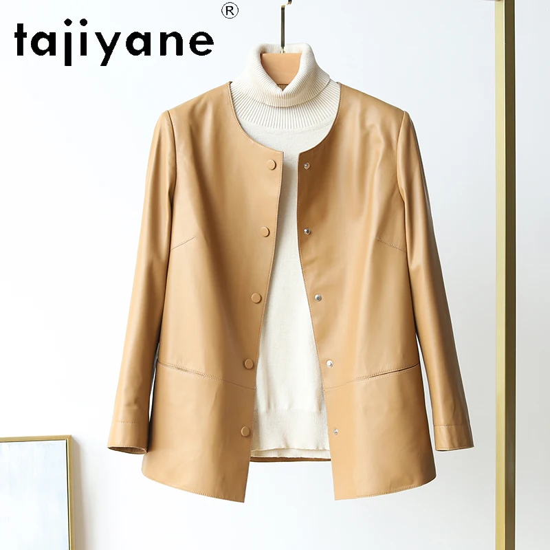 Tajiyane 2024 New Fashion Spring and Autumn Genuine Leather Jacket for Women Chic Round Neck 100% Real Sheepskin Coat Loose Wear