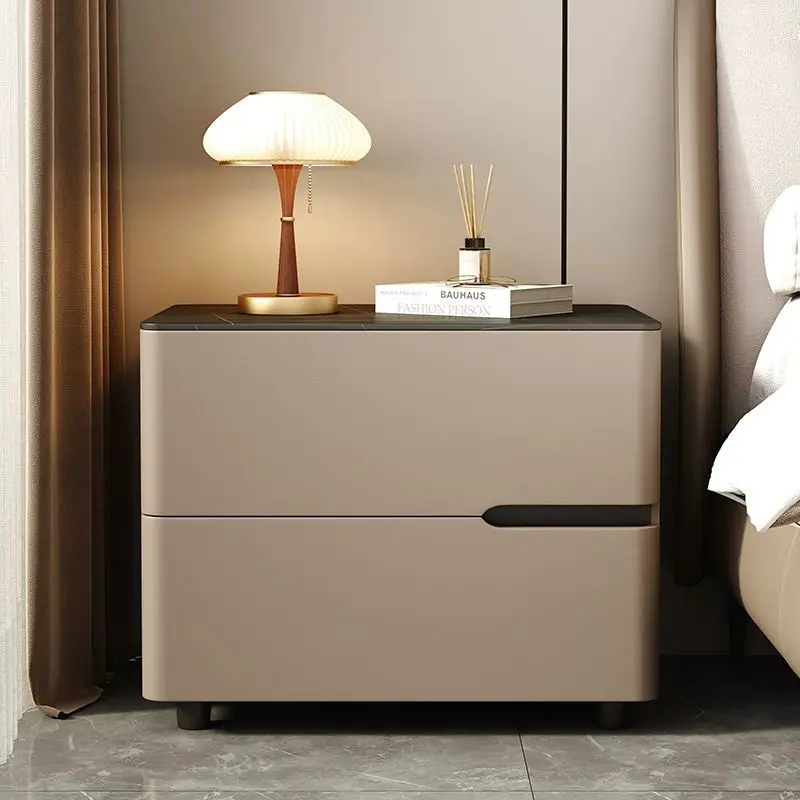 Modern Minimalist Style Solid Wood Bedside Table New Bedroom High-end Leather Minimalist Light Luxury Bedside Storage Cabinet
