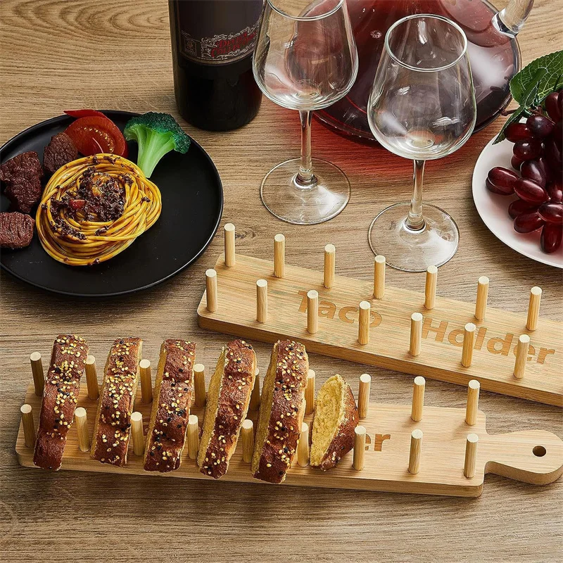 Soporte para tacos de madera de bambú, soporte de exhibición para tacos, bandeja para platos de Tortilla y Burrito, soporte para alimentos, patatas fritas, rollo de maíz, estante para Burritos