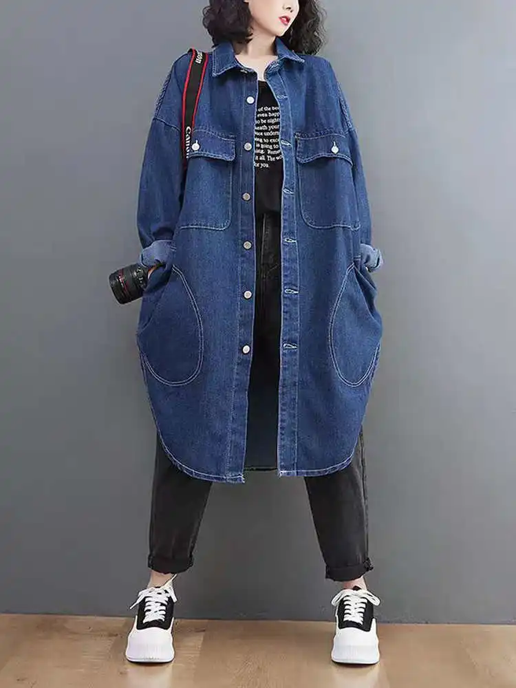 Long Denim Jaet Donna Primavera Autunno Allentato di grandi dimensioni BF Sle con colletto Big Kets Giacca a vento casual al ginocchio Sve