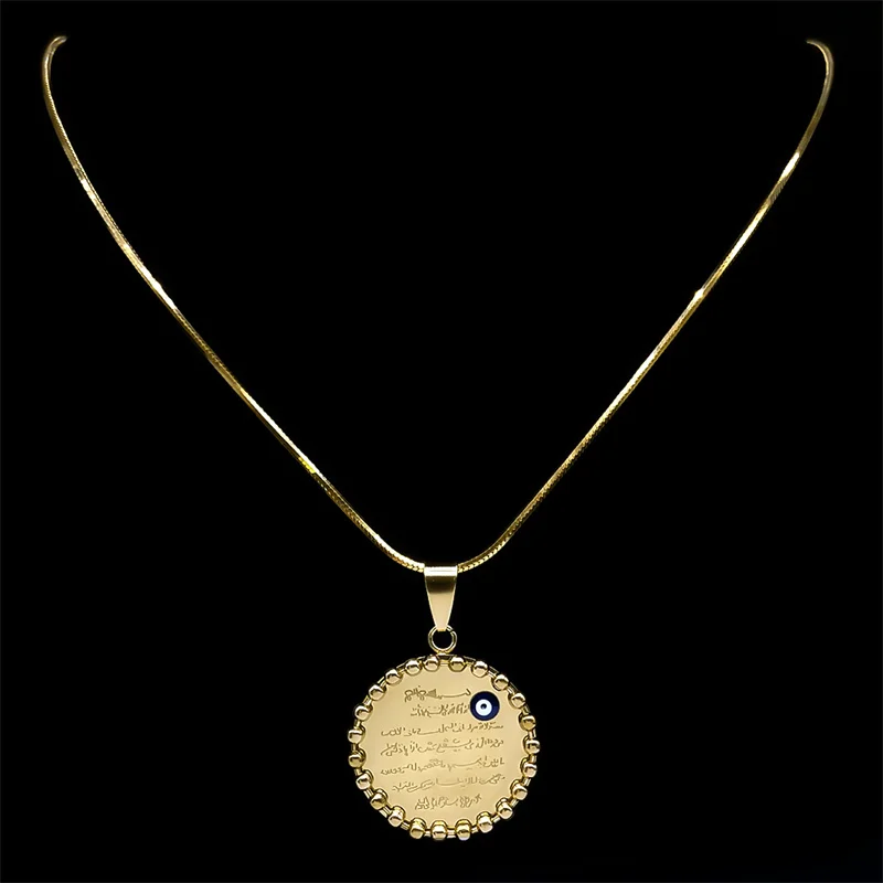 Arabic Quran Allah Necklace for Women Men Stainless Steel Gold Color Islam Muslim Evil Blue Eye Chain Jewelry collar NS02