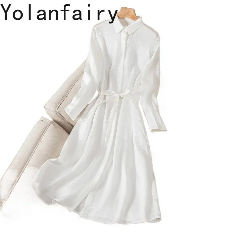 

YOLANFAIRY Женские платья из 100% натурального шелка тутового шелка Высококачественное элегантное атласное платье с лацканами и длинными рукавами Новые платья Белое платье