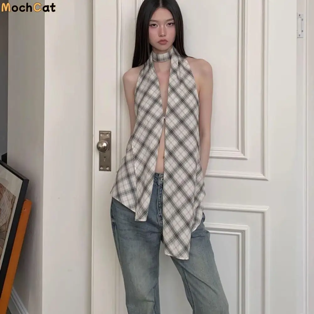 

Fashion Grid Halter Sleeveless Camisole Split Sweet Slim Crop Tops Irregular Spicy Girl Suspender Vest Travel