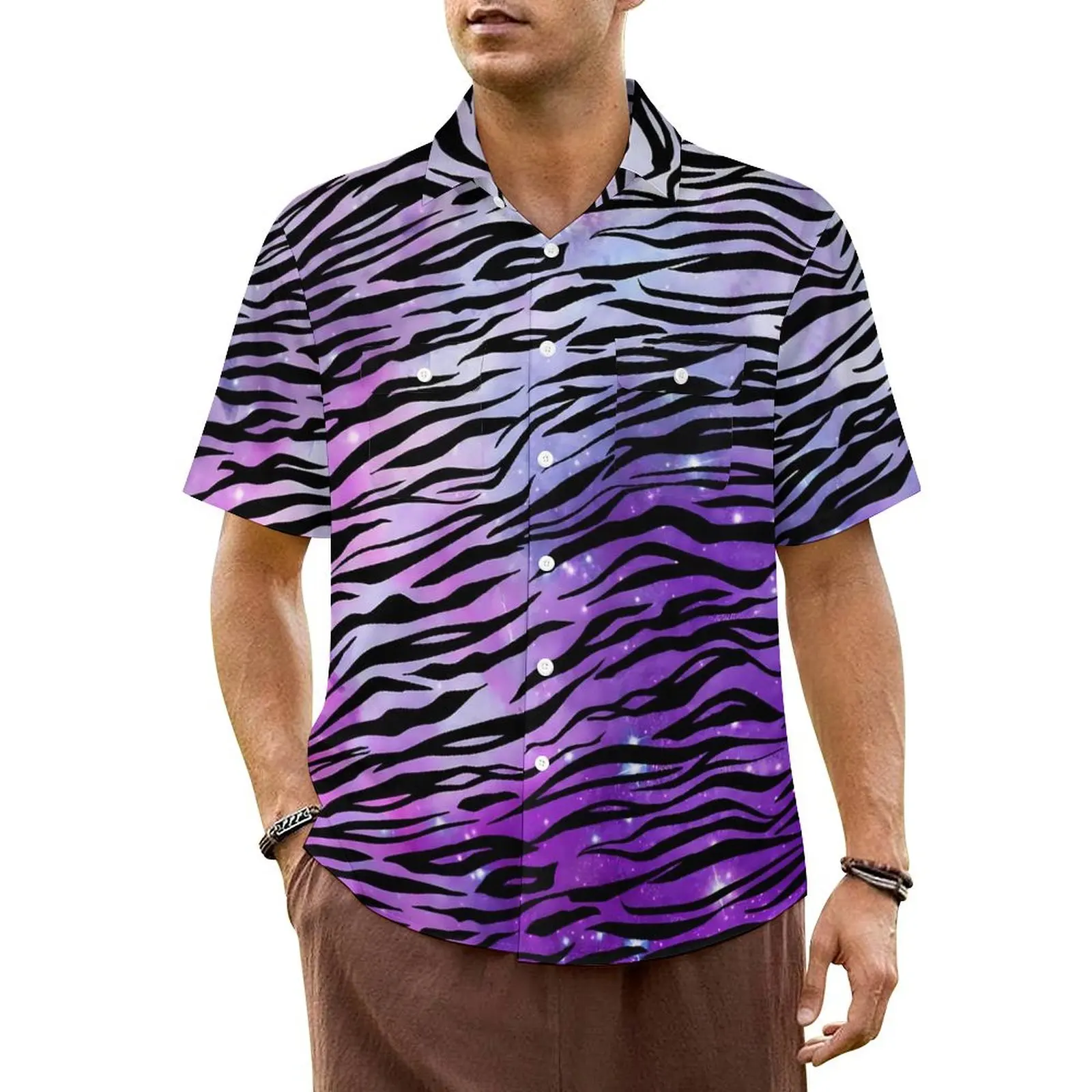 

Tiger Print Beach Shirt Men Black and Purple Elegant Casual Shirts Hawaiian Short Sleeve Breathable Oversized Blouses Gift