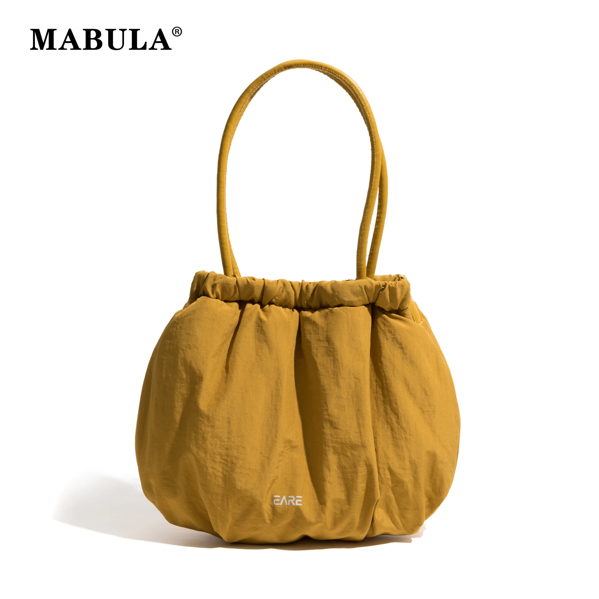 MABULA Smalll Yellow Nylon Bucket Handbag Ultrathin Pleated Female Casual Shopper Tote Bag Simple Stylish Women Daily Purse