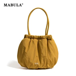 MABULA Smalll Yellow Nylon Bucket Handbag Ultrathin Pleated Female Casual Shopper Tote Bag Simple Stylish Women Daily Purse