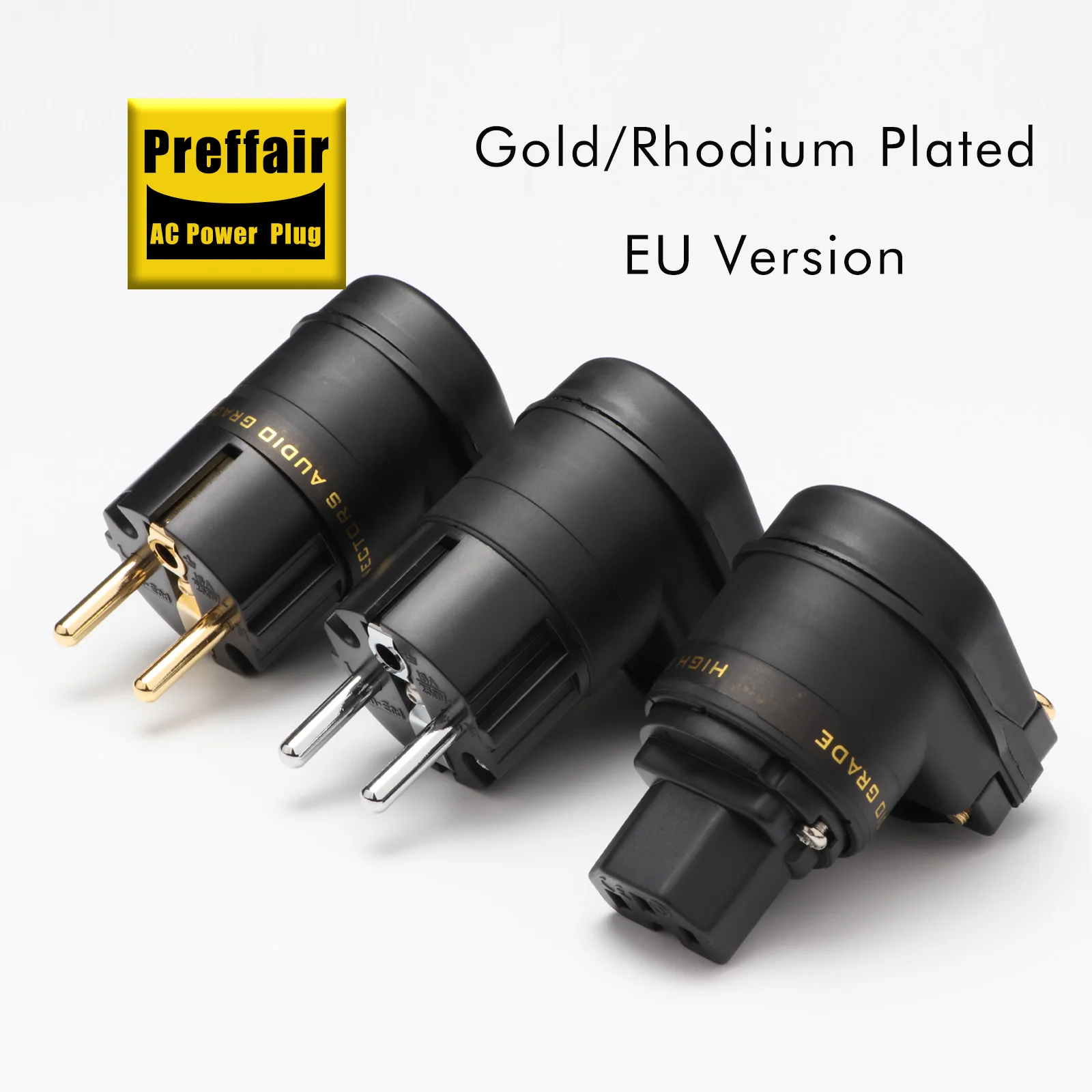 High Quality Preffair Rhodium /Gold Plated US/SCHUKO Mains Right Angle Male Plug to IEC C13 Female Socket HIFI Power Connector
