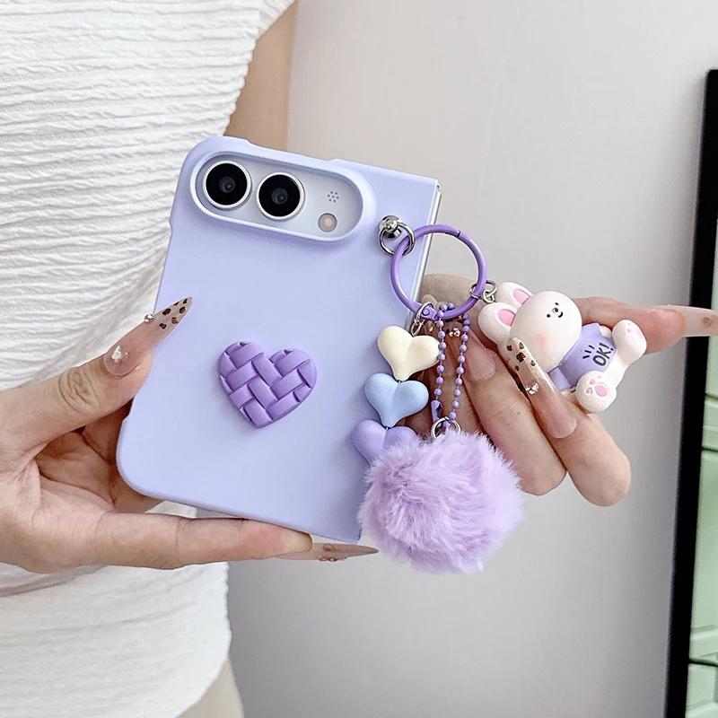 Korean Candy Color Love Heart Phone Case For iPhone Duo 18 Fold Back Cover with Bear Pendant Cute Cases For Apple Duo Flip Funda