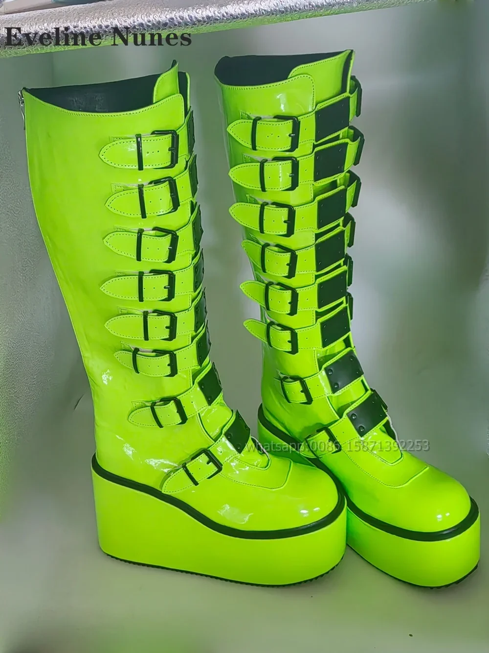 

Platform Belt Buckle Bicolor Booty Round Toe Height Increasing Patchwork Punk Knee High Boots Large Size Heavy Work Booties 2024