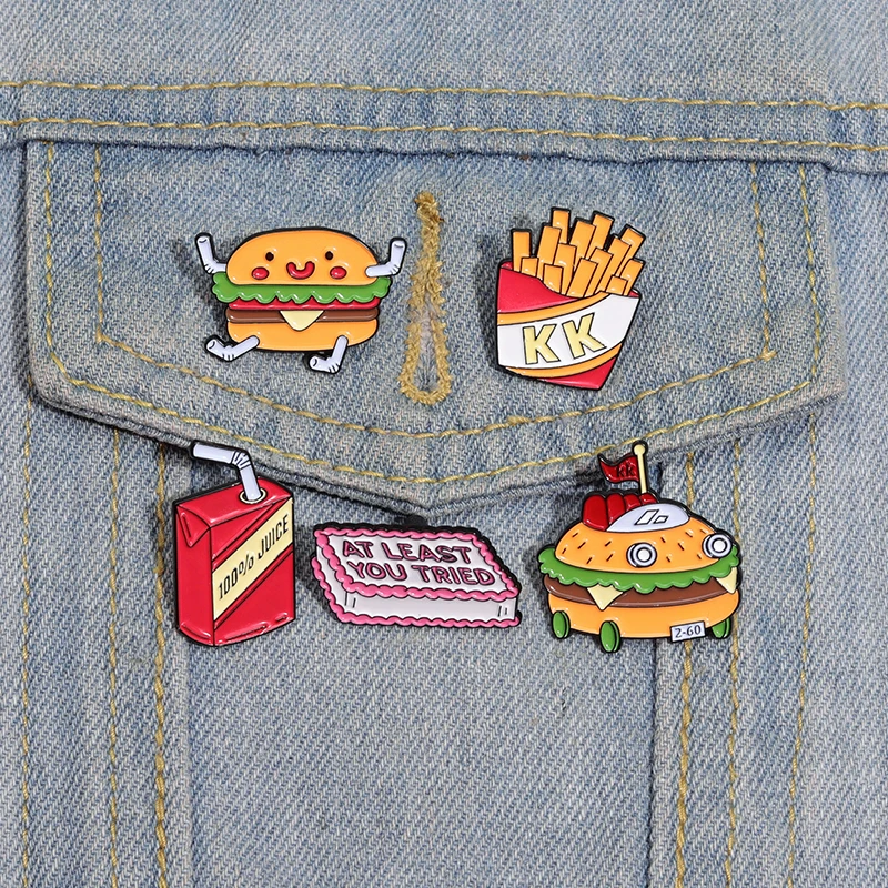 Broche con forma de hamburguesa, Coca Cola, patatas fritas, comida bonita, insignia de Metal, ropa combinada con paquete múltiple, accesorios de embalaje trasero