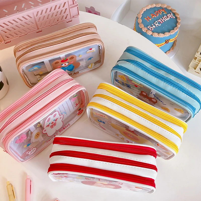 3-layer Pencil Case Large Capacity Kawaii Transparant Pencil Bag Cartoon PVC Waterproof Box for Girls School Supplies Stationery