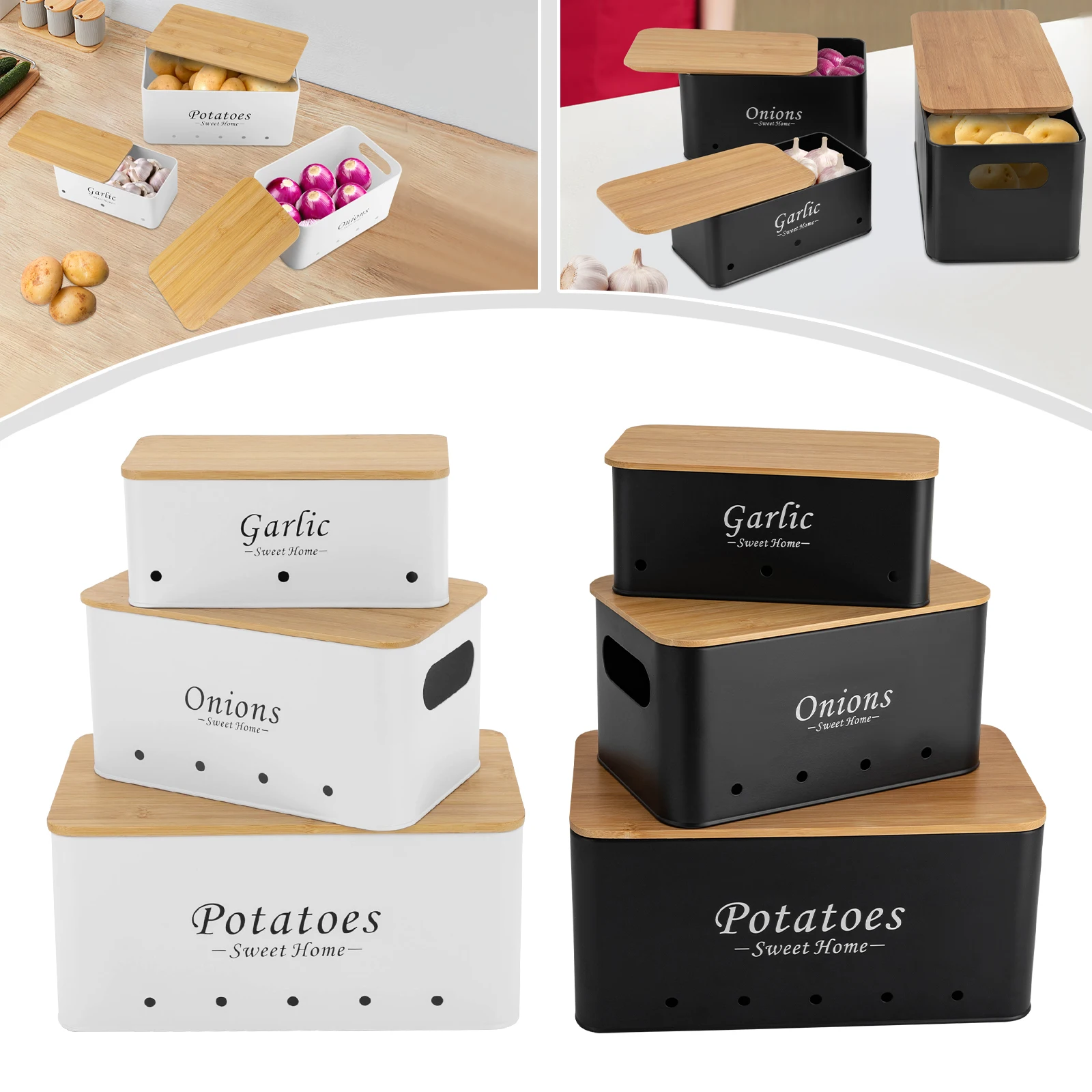 3-teiliges modernes rechteckiges Aufbewahrungsbox-Set mit Hohlgriffen in Schwarz/Weiß für Zwiebeln, Kartoffeln, Knoblauch, Organizer-Behälter – Detail 2