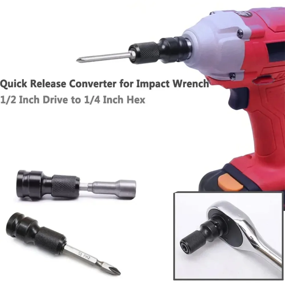 

Quick Release Impact Wrench Converter Ratchet 1/2 Inch Square Drive to 1/4 Inch Hex Female Sleeve Adapter Collet Tool