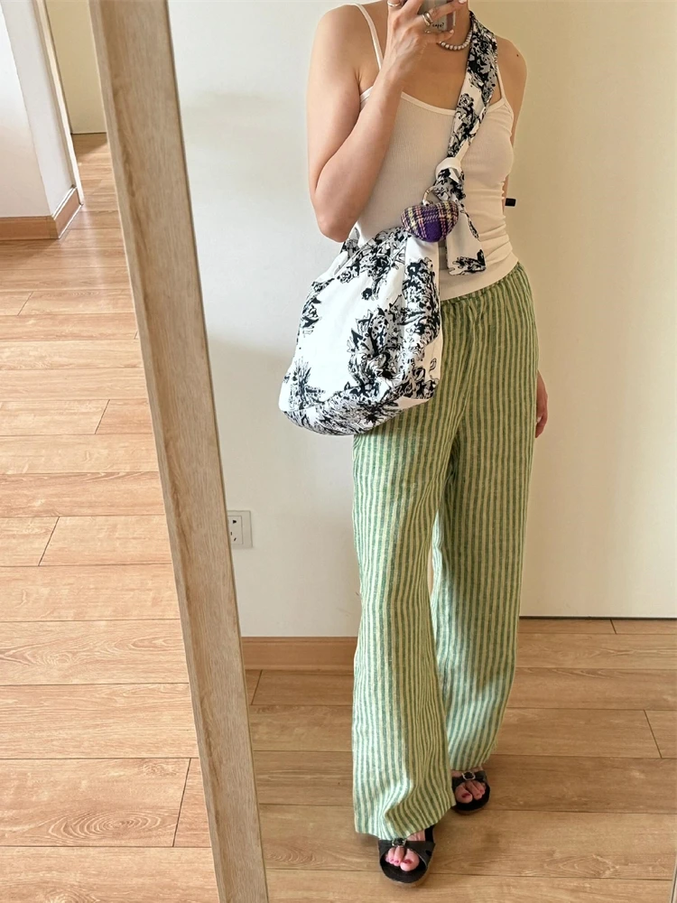 Recomendação de nível Chao! Design japonês Sensation Casual cor tecido linho listra calças de nove peças cintura elástica completa para...