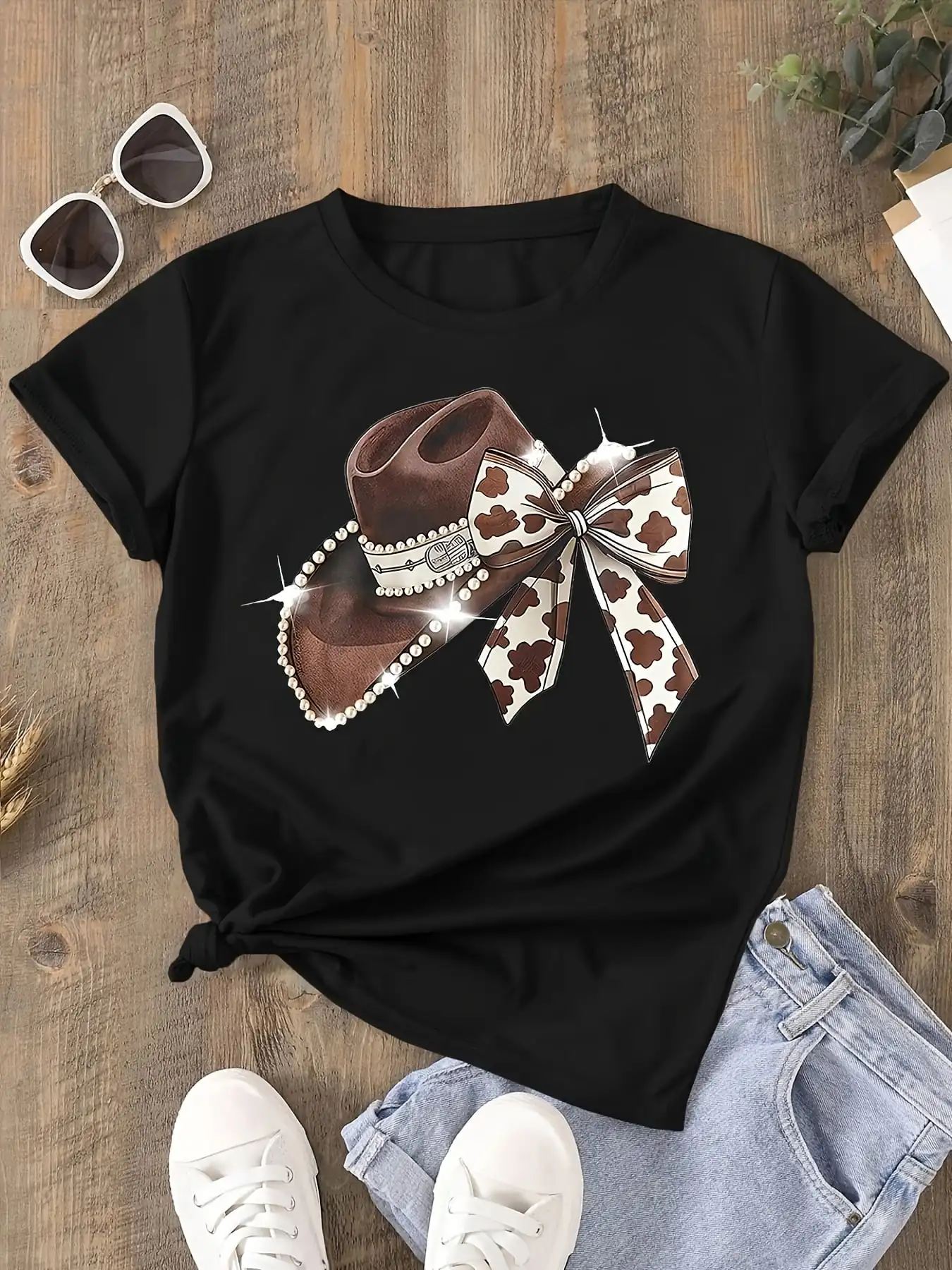 Cowboy Hat Positioning Print Western Style Loose Fit Crew Neck Short Sleeve Casual T-Shirt 2026 Spring Summer Women Streetwear