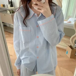 Spring and Autumn Long Sleeve Pajamas Cute Color Blocking Stripes Casual Loose Sleepwear Turn-down Collar Homewear 2 Pieces Set