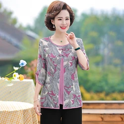 New Summer womens clothing Middle-aged women Fake Two-Piece Set Casual Print Loose Women'S shirt