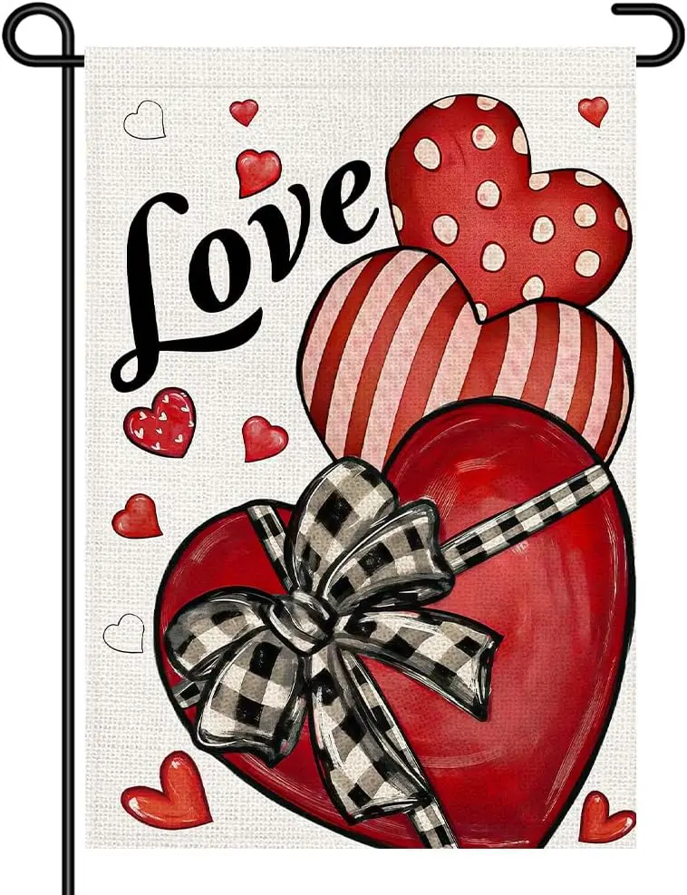 Valentine’s Day Love Garden Flag 12x18 Inch Double Sided, Tasteful Red Heart with Buffalo Plaid Bow Yard Flags Sign for Fron uui