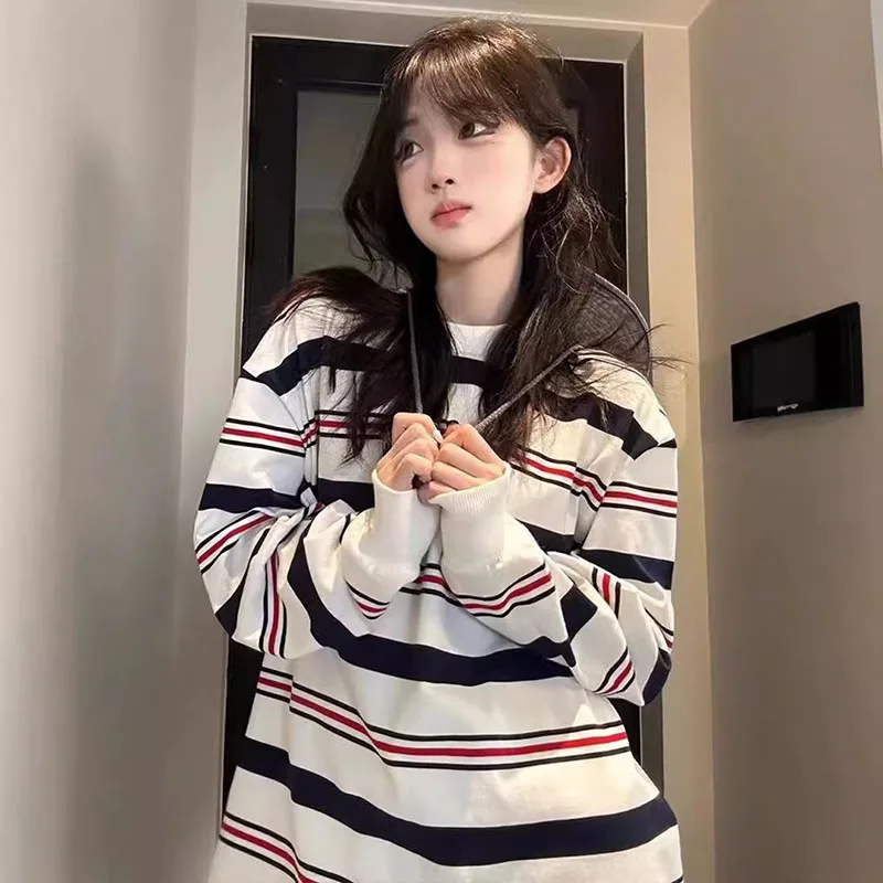 2026 Early Spring Long-sleeved Pullove Women's Gym Clothes 2025 New Style Light weight Loose Stripe T-shirt Round-neck Top