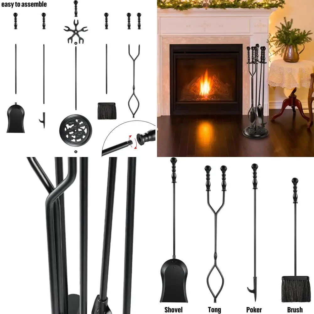 

Набор инструментов для камина из черного кованого железа с держателем, аксессуары для дров из 5 предметов для внутренней ямы