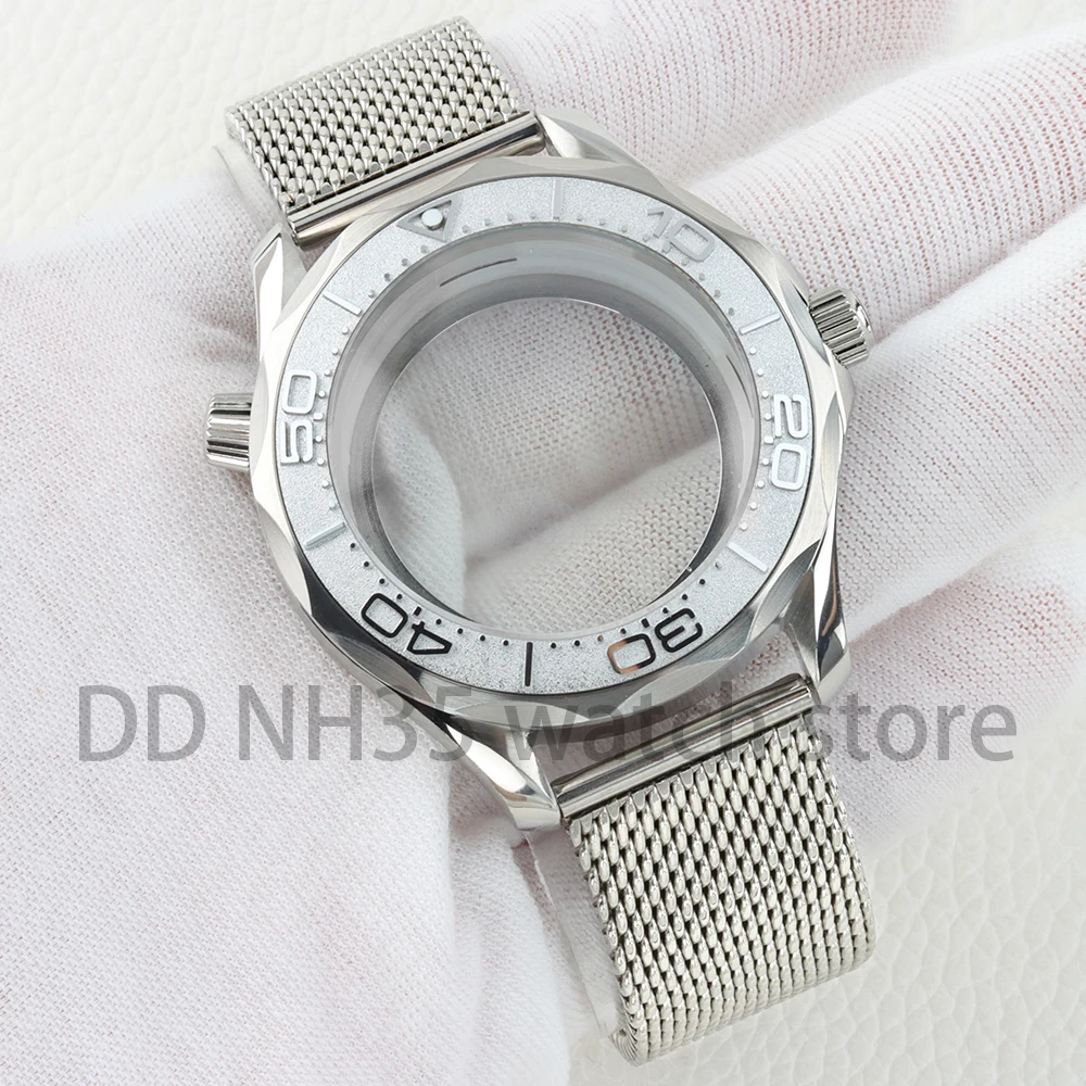 41mm-nh35-watch-case-solid-316l-stainless-steel-mesh-watchband-for-nh35-nh36-movement-seamaster-300-31mm-dial-10atm-waterproof