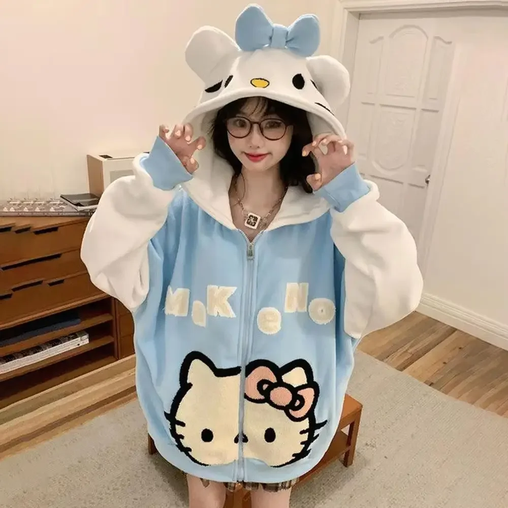 أنيمي مرحبا كيتي المرأة رشاقته معطف امبسوول Kawaii الشتاء القطبية الصوف الدافئة المرأة سترة مقنعين القمم فضفاضة لطيف الحلو هدية