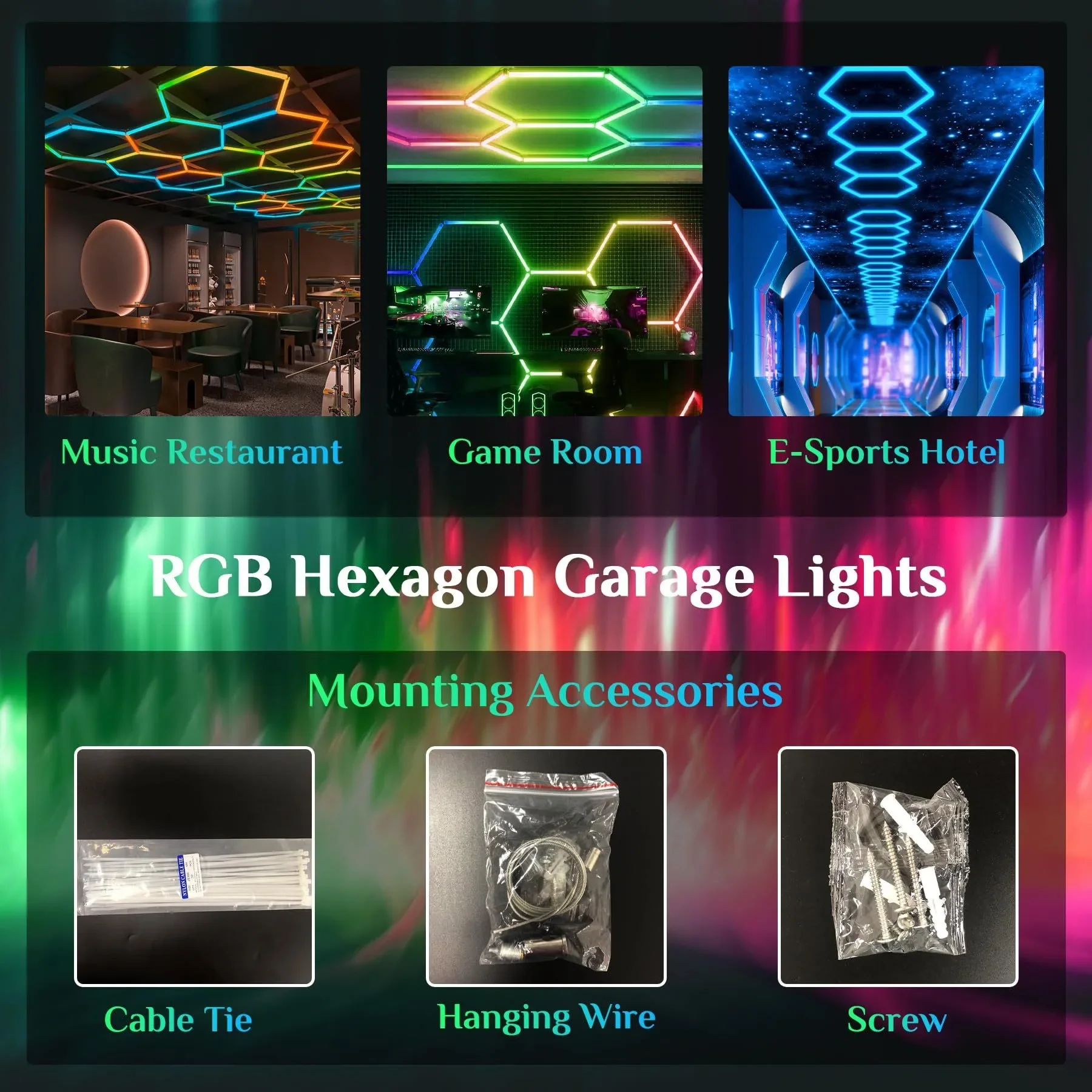 Hexagon Garage Lights RGB Garage LED Ligh APP Remote Control Multi Color Modes for Gaming Room Bar Club Gym Ceiling Lighting