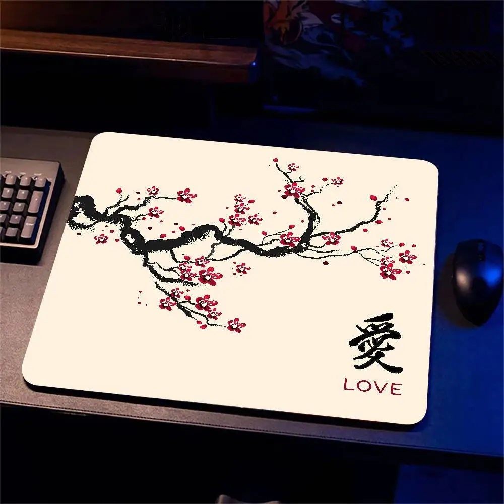 Ink Plum Blossom Small Mouse Pad, Oriental Calligraphy Love Character Red Floral Branch Mini Non Slip Rubber Base Small Desk
